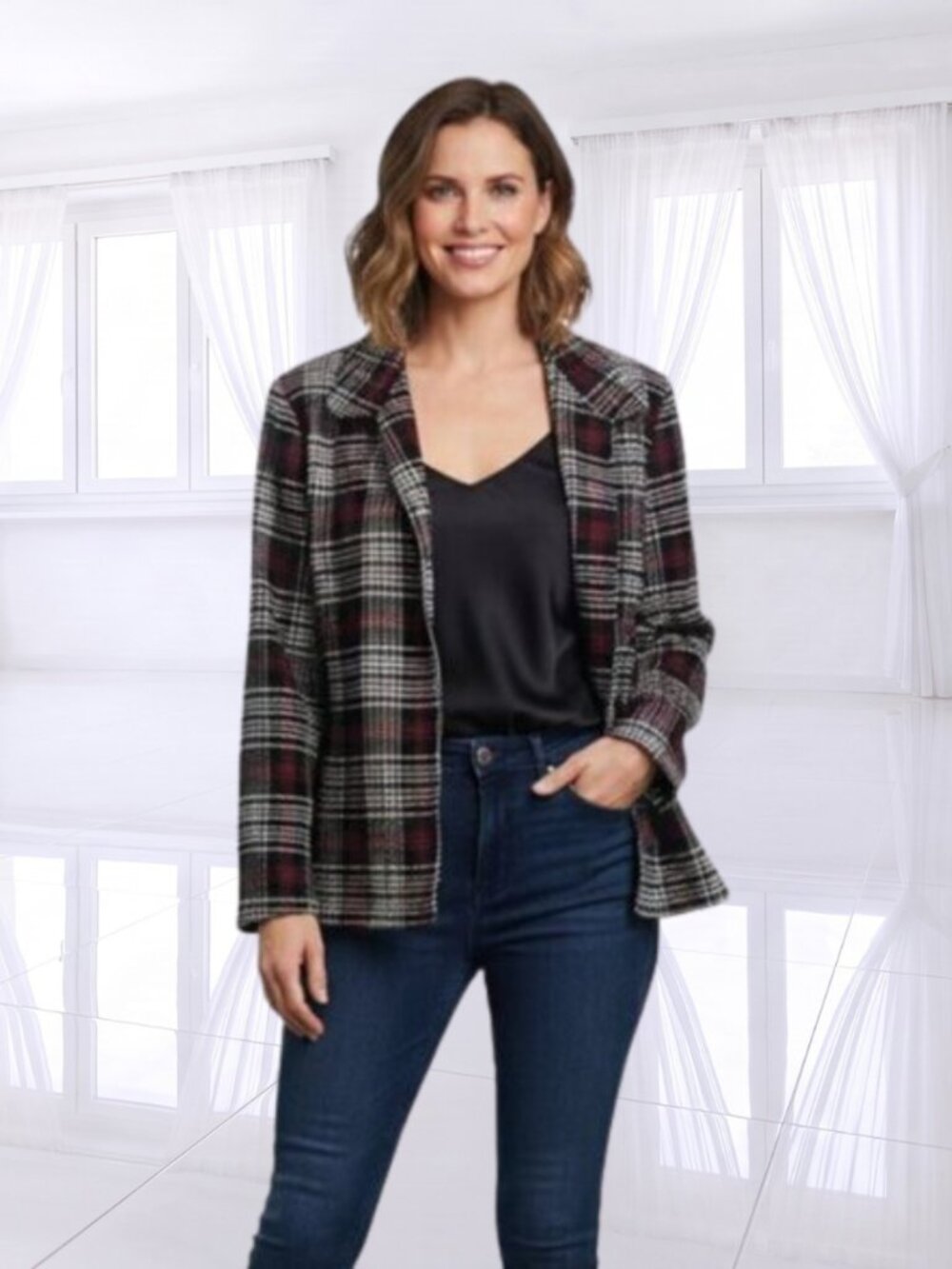Kathie Lee Collection Vintage Plaid Zip Up Lined Jacket Blazer Size Large